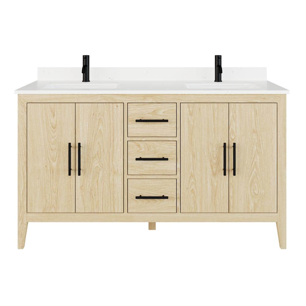 Vienna 60 in. W x 22 in. D Bath Vanity in White Oak Diamond Quartz Top with
