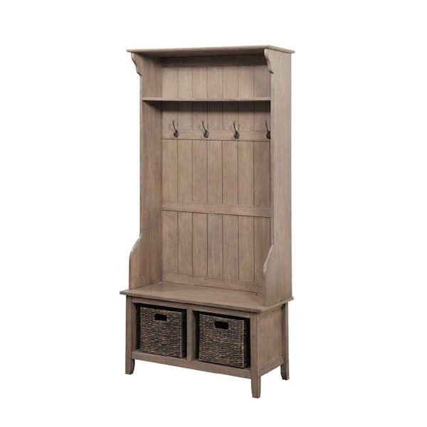 Benjara Beige Wooden Frame Hall Tree with 4-Hooks and 2-Open Compartments 37.25 in. L x 73.25 in. W x 17.75 in. H