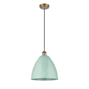 Plymouth Dome 1-Light Brushed Brass Cone Pendant Light with Seafoam Metal Shade