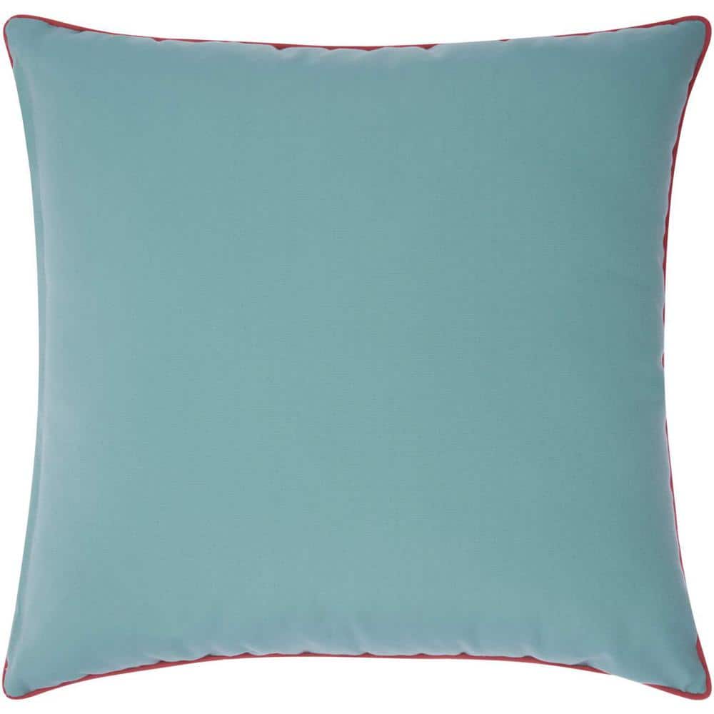 Aqua and Coral Embroidered Square Outdoor Throw Pillow