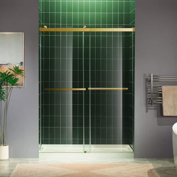 WOODBRIDGE 48 in. W x 80 in. H Double Sliding Frameless Shower Door in Brushed Gold Finish with 5/16 in. Clear Glass