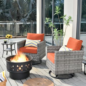 Eufaula Gray 4-Piece Wicker Patio Conversation Swivel Chair Set with a Wood-Burning Fire Pit and Orange Red Cushions