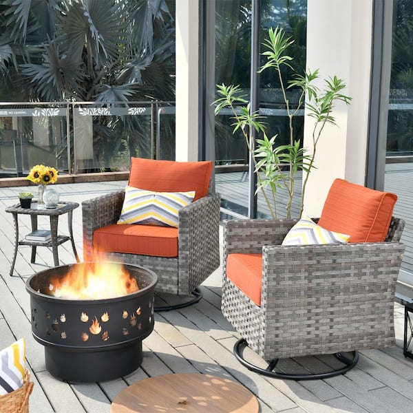 Toject Eufaula Gray 4-Piece Wicker Patio Conversation Swivel Chair Set with a Wood-Burning Fire Pit and Orange Red Cushions