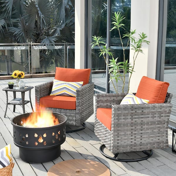 Eufaula Gray 4-Piece Wicker Patio Conversation Swivel Chair Set with a Wood-Burning Fire Pit and Orange Red Cushions