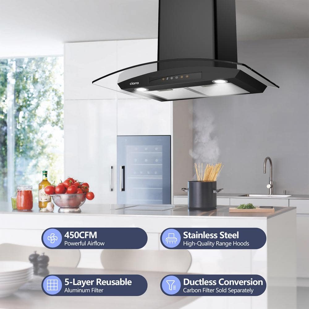 CIARRA 30-inch Black Convertible Wall Mount Range Hood with Glass Visor