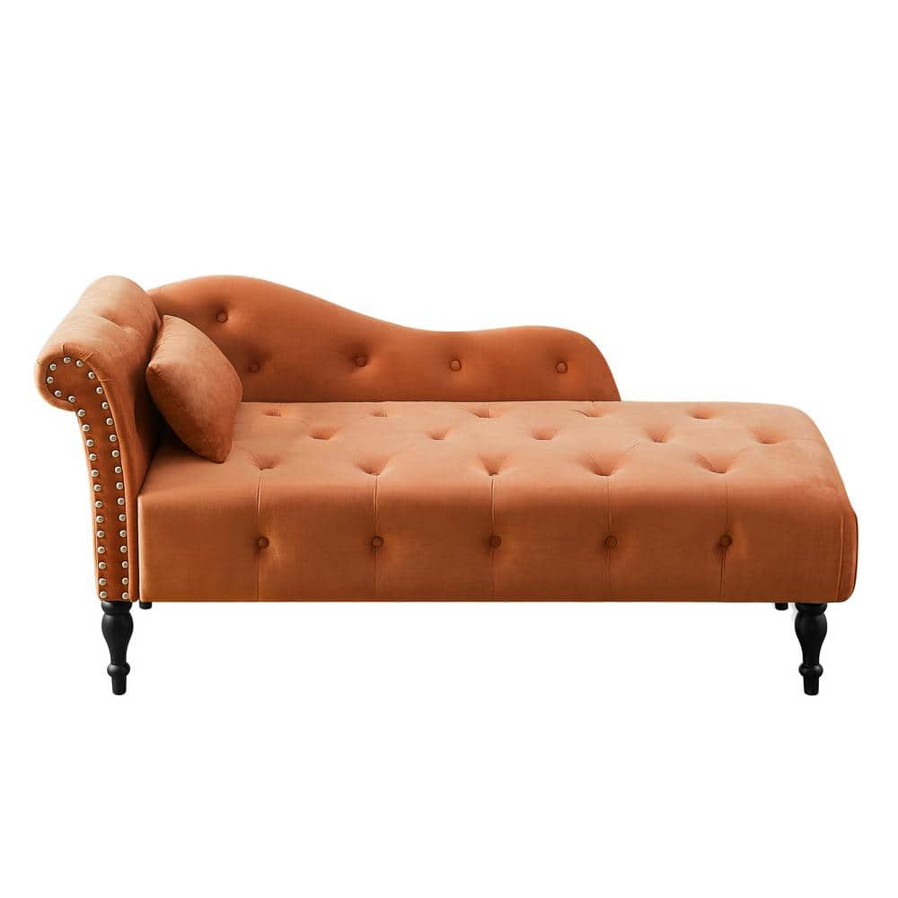 Orange Velvet Nail Head Trim Chaise Lounge with 1-Pillow