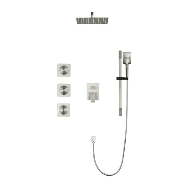 Unbranded 12 in. 3-Jet Wall Mount Rainfall Shower Tower System with Slide Bar, Handheld and Body Spray in Brushed Nickel