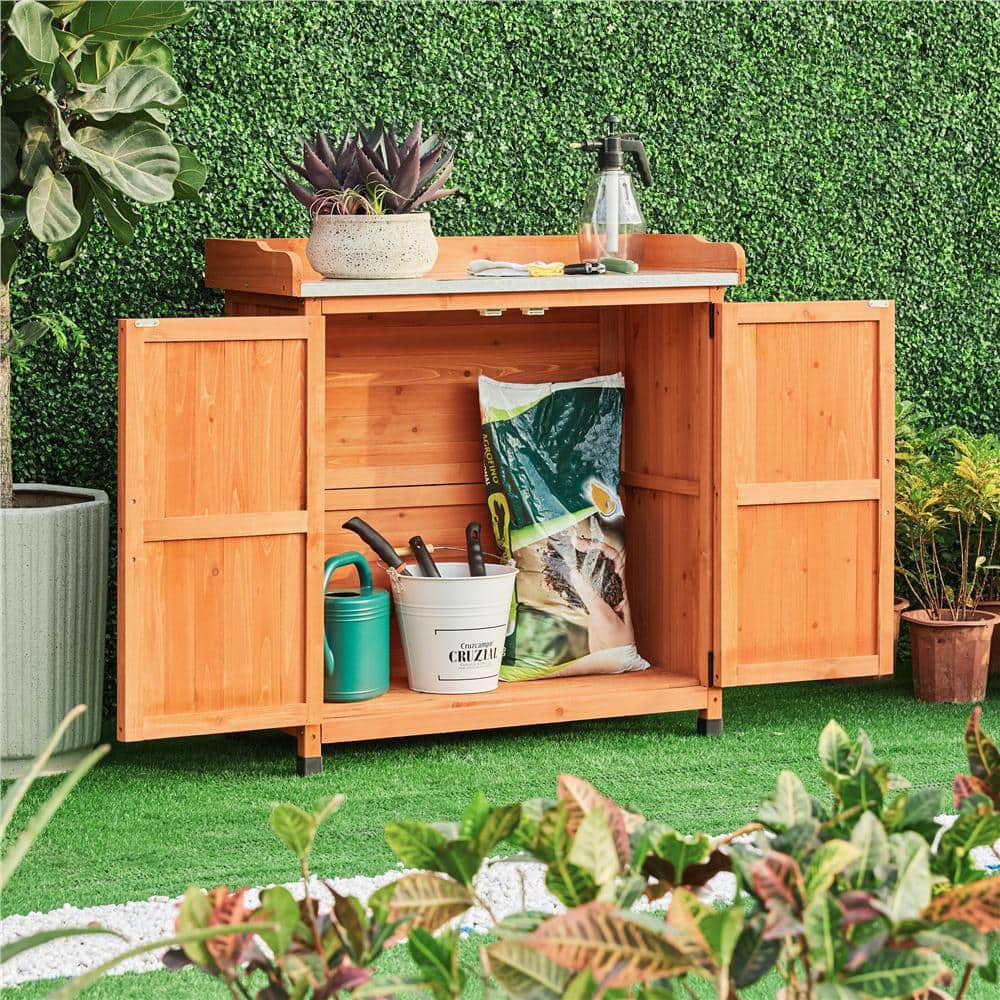 Brown Fir Wood Garden Potting Bench with Metal Tabletop