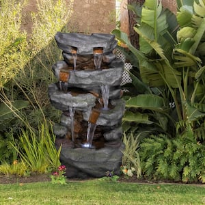39 in. Tall Outdoor Cascading Stone Water Fountain with LED Lights