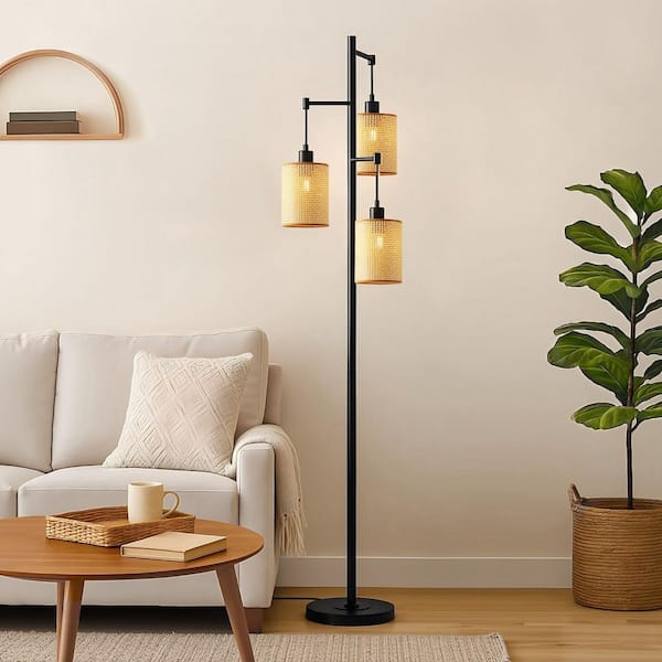 68.9 in. Black 3-Light Tree Floor Lamp with Hand Woven Shade