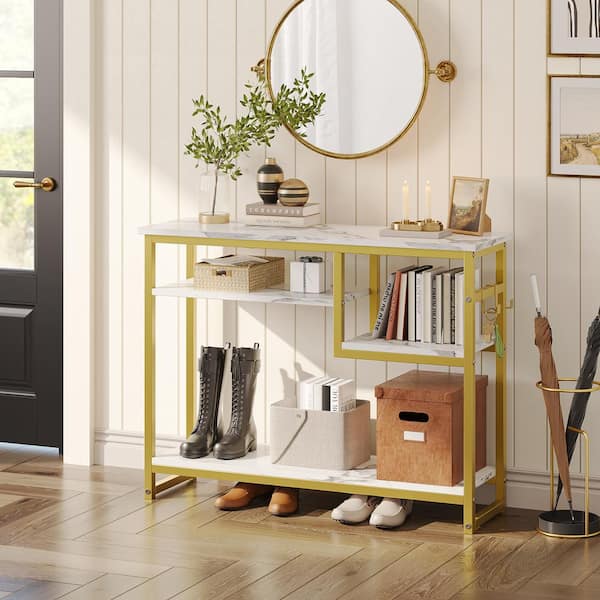 Bestier 39.4 in. White Marble Color Rectangle Wood Console Table with 4 Tier Storage Shelves
