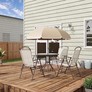 6 Pieces Metal Outdoor Dining Set with 1 Umbrella, 1 Table and 4 Folding Dining Chairs Garden, Yard and Poolside, Beige