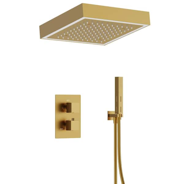 AuraTune LED Shower System Kit 2-Spray Ceiling Mount 12 in. Fixed and Handheld Shower Head 2.35 GPM in Brushed Gold