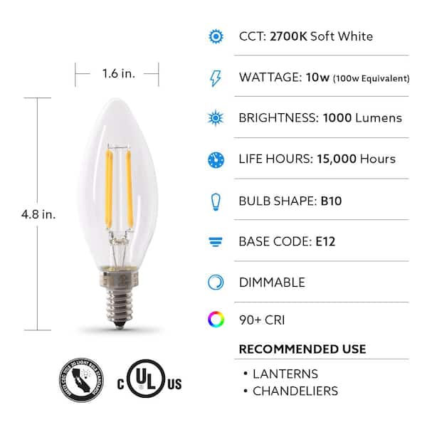 Electric 100-Watt Equivalent B10 E12 Candelabra Dimmable Filament CEC Clear Chandelier LED Light Bulb Soft White 2700K (2-Pack) BPCTC100927CAFIL/2 - The Home Depot