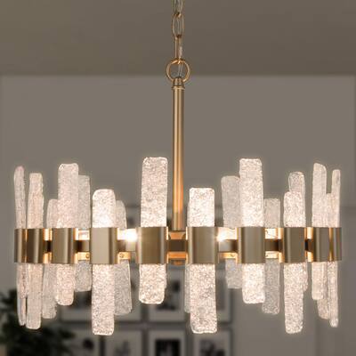 Modern Gold Dining Room Chandelier, Camila 6-Light Farmhouse Bedroom Drum Pendant Light Fixture with Icing Glass Strips