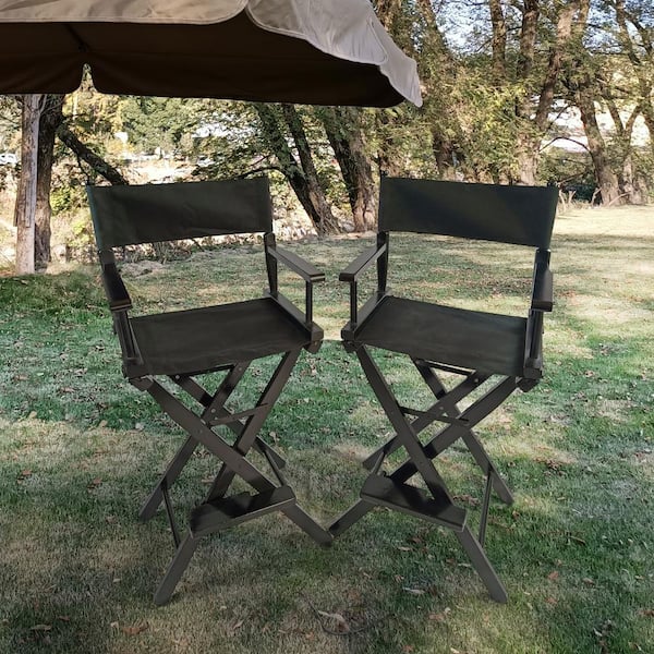 Otryad Wooden Outdoor Lounge Chair, Populus and Canvas Folding Chair, Suitable for adults in Black Set of 2