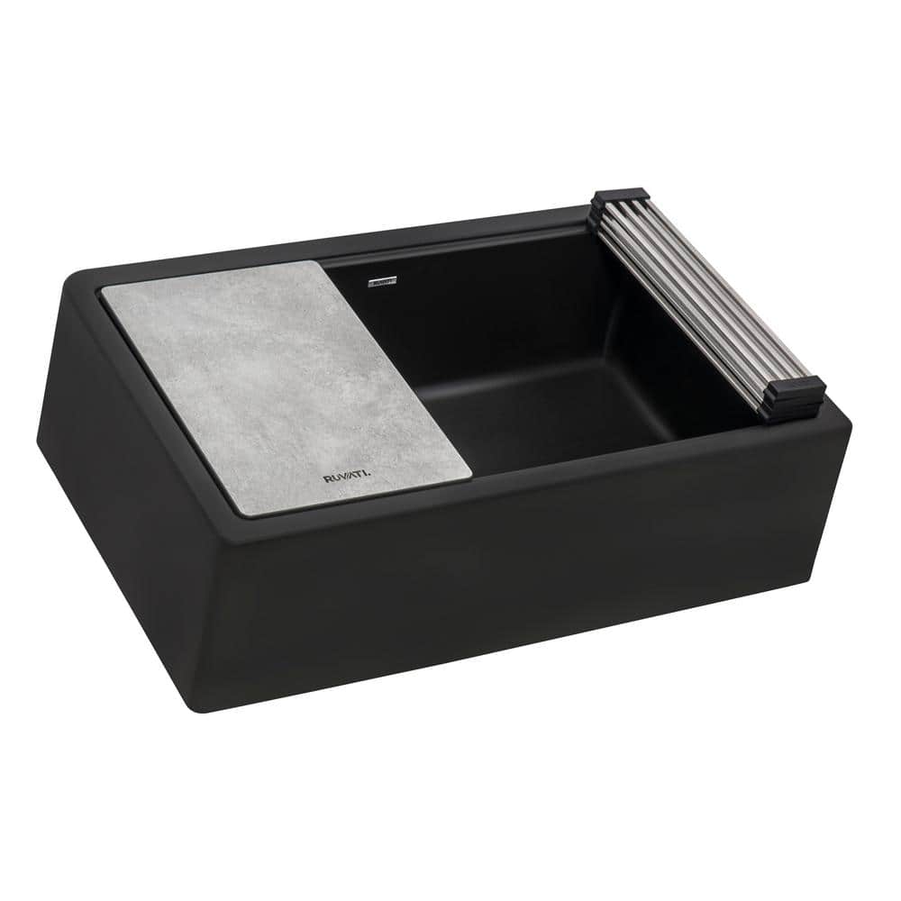 Midnight Black Granite Farmhouse Workstation Sink with Accessories