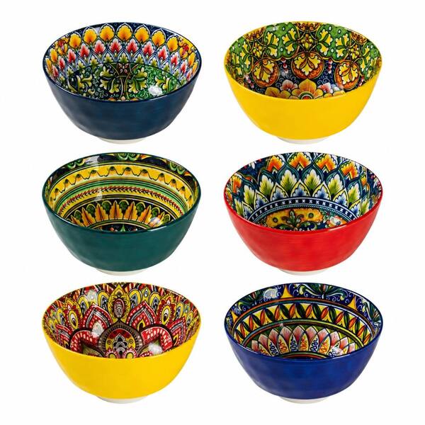Colorful Bohemian Ceramic Dessert Bowls Set of 6, 12 oz Rice Bowls for Snack, Ice Cream, Salads Everyday