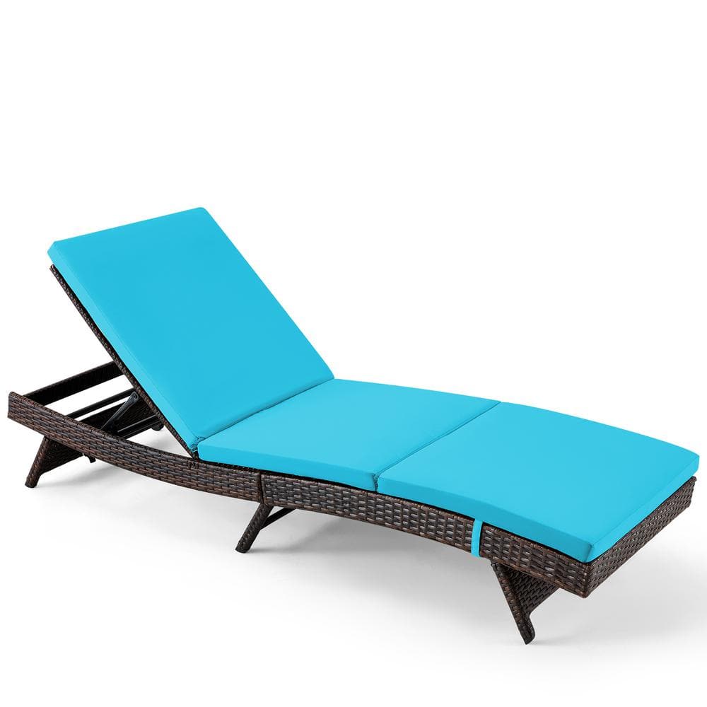 Sudzendf Black Wicker Outdoor Patio Chaise Lounge with Blue Cushions