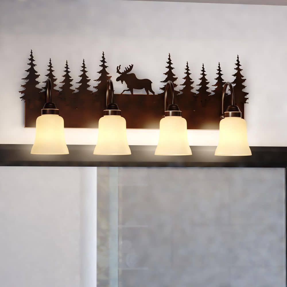 Yellowstone 33 in. W 4-Light Burnished Bronze Vanity Light Fixture Rustic Moose Amber Flake Glass Bathroom Wall Lighting price history on PriceWatchPro