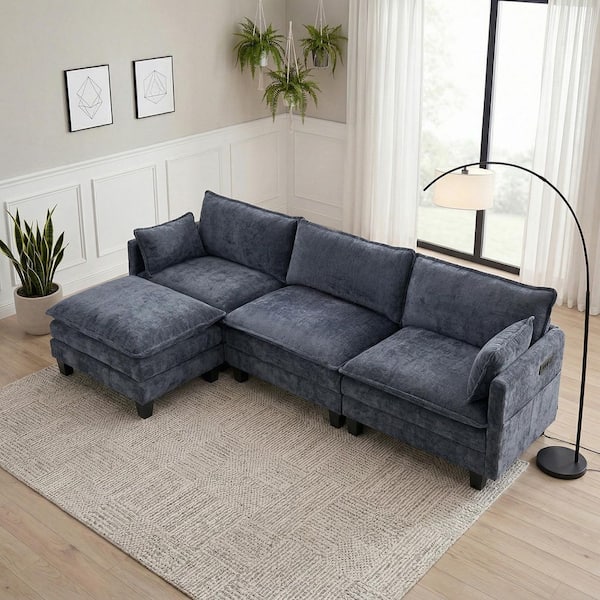 Iris Modern 110.4 in. 4-Piece Chenille Modular Sectional Sofa in Blue with Ottoman, USB Port and Side Pockets