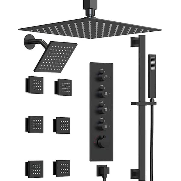 GRANDJOY His and Hers Showers with Valve 15-Spray DualCeiling Mount 16 in. Fixed and Handheld Shower Head 2.5 GPM in Matte Black