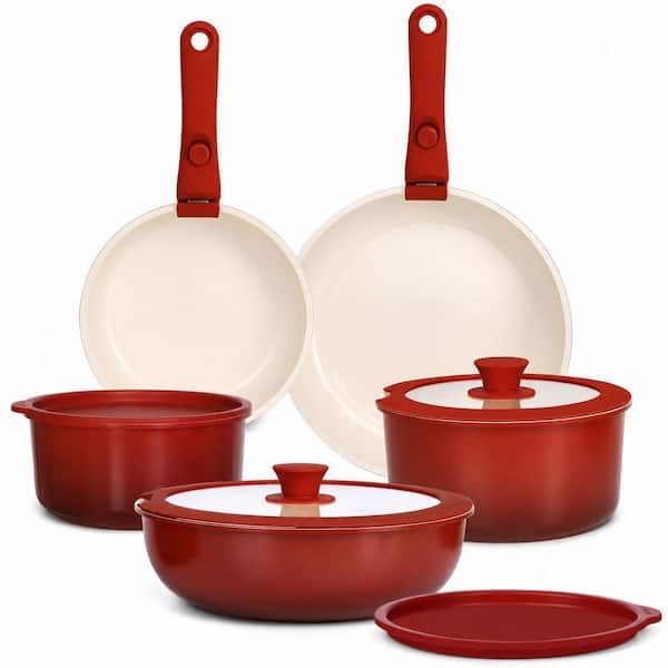 11-Piece Aluminum Nonstick Cookware Set with Detachable Handle in Red Black Gradient for All Stoves Induction
