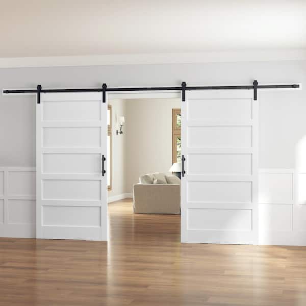84 in. W. x 84 in. (Double 42 in. Doors) 5-Panel Solid MDF White Finished Interior Sliding Barn Door with Hardware Kit