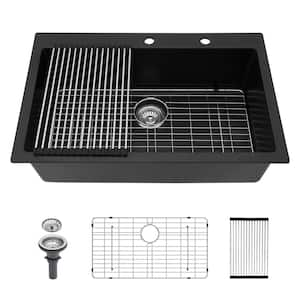 33 in. Drop-in Single Bowl Black Granite Composite Kitchen Sink with Basket Strainer and Roll-up Rack