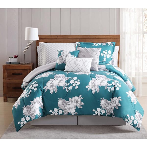 Style 212 Peony Garden Floral Gray and Teal 12-Piece Queen Bed Ensemble