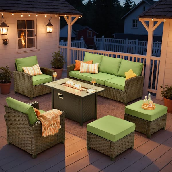 Serena Grey 6-Piece Wicker Outdoor Patio Furniture Conversation Sofa Set with Metal Fire Pit and Green Cushions