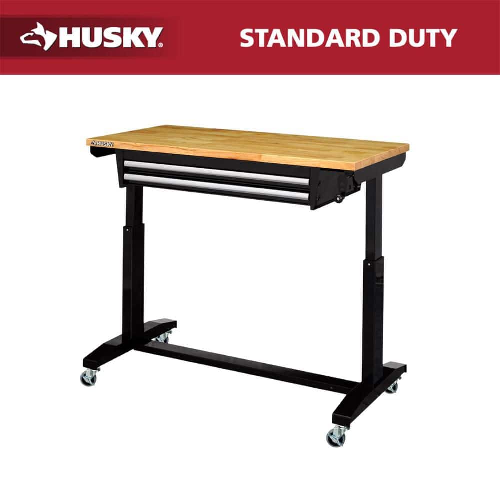 Husky Tool Storage 46 in. W x 24 in. D 2-Drawer Adjustable Height Black Worktable with Solid Wood Top HOLT4602B12