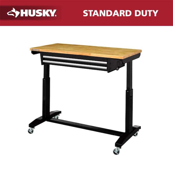 Tool Storage 46 in. W x 24 in. D 2-Drawer Adjustable Height Black Worktable with Solid Wood Top