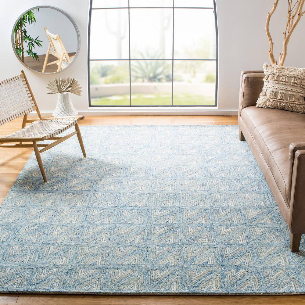 Blue and Beige Abstract Handmade Wool Area Rug 6' x 9'