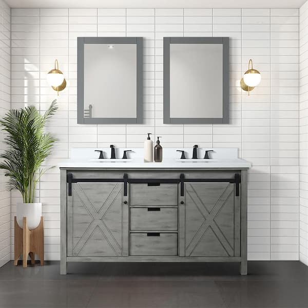 Lexora Marsyas 60 in W x 22 in D Ash Grey Double Bath Vanity without Top and 24 in Mirrors