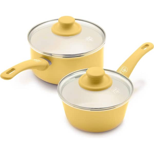 Adrinfly 2-Piece Set Aluminum Ceramic Nonstick 1 qt. and 2 qt. Saucepan w/ Glass Lids Gas and Electric Stovetop Compatible Yellow