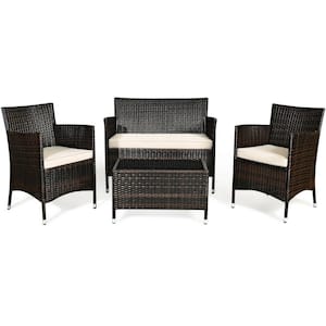 4-Piece Dark Brown Wicker Patio Conversation Set with Beige Cushions