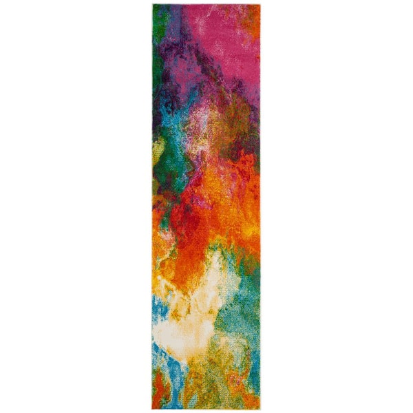 Watercolor Orange/Green 2 ft. x 6 ft. Abstract Runner Rug