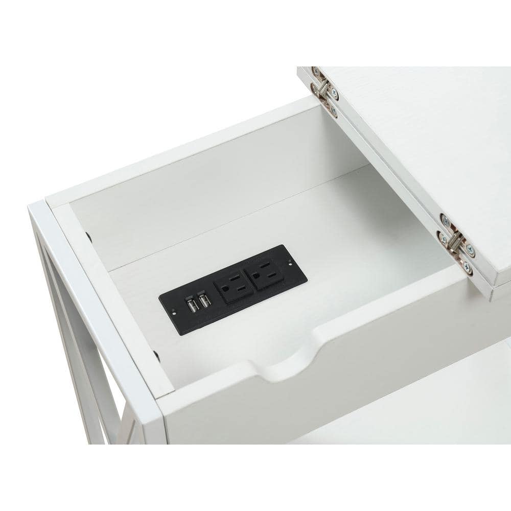 White Wood Flip-Top End Table with Charging Station