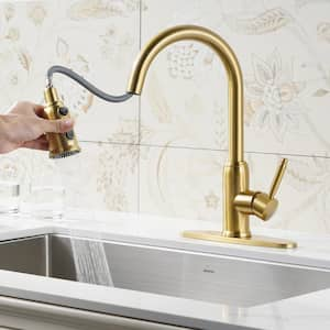 3 Functions Single Handle Pull Down Sprayer Kitchen Faucet with Deckplate in Stainless Steel Brushed Gold