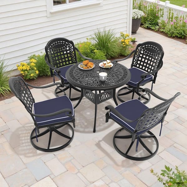 5-Piece Black Cast Aluminum Patio Outdoor Dining Set with Round Table and 4 Swivel Chairs with Blue Cushions