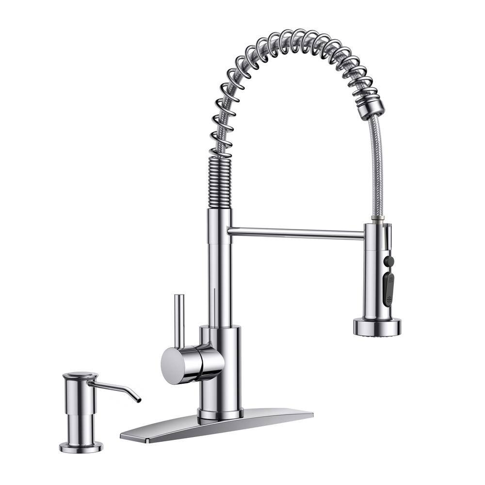 Chrome High-Arc Kitchen Faucet with Pull-Out Spray and Soap Dispenser