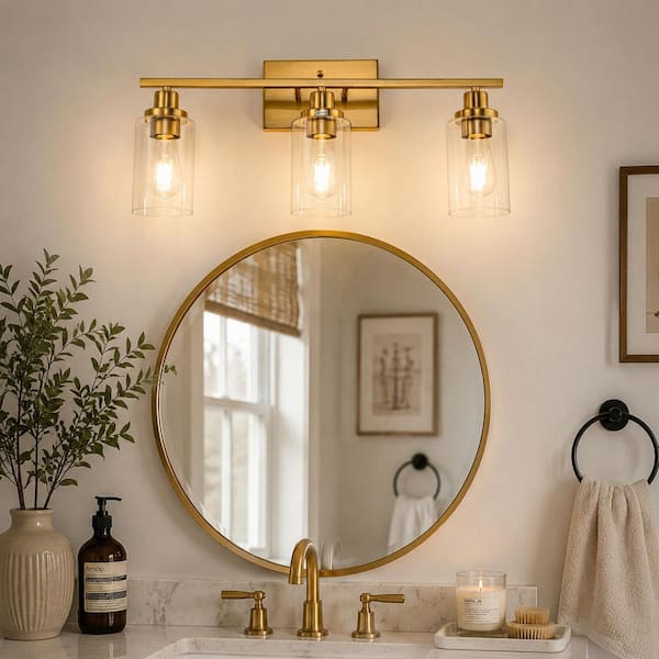 24 in. 3-Light Gold Vanity Light, Modern Bathroom Light Fixtures with Clear Glass Shades