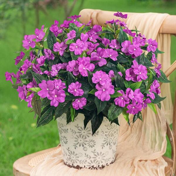 Artificial Purple Impatiens Bouquet Flowers Garden Statue, 4-Pack