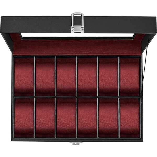 Black Rectangle PU Leather 12-Slot Watch Box with Large Glass Lid and Wine Red Lining