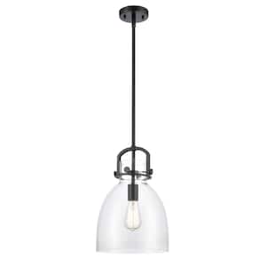Newton Bell 1-Light Matte Black Clear Shaded Pendant Light with Clear Glass Shade