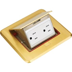 Pop-Up Floor Outlet, Electrical Box for Wood Sub-Flooring with 15 Amp TR Duplex Receptacle, Brass