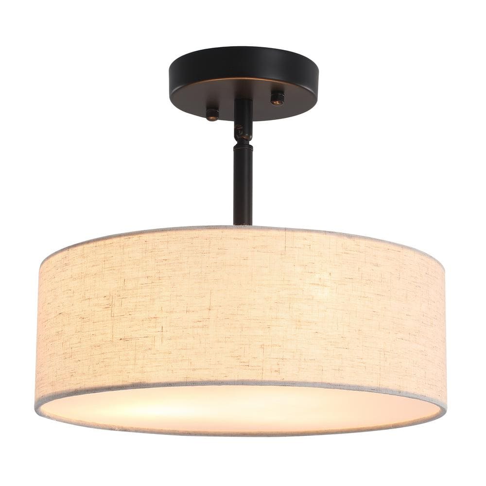 ADSENSTY 12.6 in. 3-Light Black Drum Linen Blend Semi Flush Mount