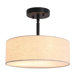 12.6 in. 3-Light Black Drum Linen Blend Semi Flush Mount Ceiling Light with White Fabric Shade and No Bulbs Included