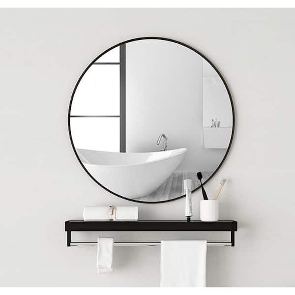 FORCLOVER Modern 32 in. W x 32 in. H Round Aluminum Framed Wall Mounted Bathroom Vanity Mirror in Black